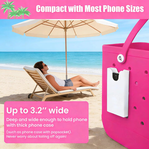 6 Piece Waterproof Beach Bag Organizer Kit For XL Totes Includes Clear Divider Phone Holder hooks and carabiners on pink bag at beach.