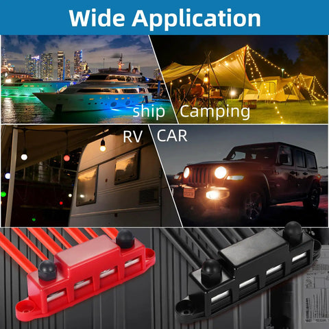 Red And Black Four Stud Power Distribution Block Pair For 12 Volt Rv Marine And Solar Setups shown in camping and vehicle environments.