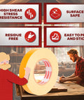 Pro Grade Heavy Duty Double Sided Woodworking Tape 2 Inch By 90 Feet Residue Free shown on a woodworking bench with features highlighted