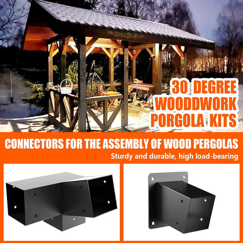 15 Degree Slanted Roof Pergola Brackets Kit, 3 Way Right Angled Corner Brackets With Wall Mount Post Base For 4x4 Posts, Outdoor Pergolas Gazebos Porches, Heavy Duty Steel, Black Galvanized Matte Finish, Built Tough, 4 Pack
