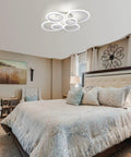 Bedroom with Six Ring Modern LED Ceiling Light Flush Mount With White Rings, 4000K Daylight White Lighting Fixture