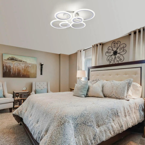 Bedroom with Six Ring Modern LED Ceiling Light Flush Mount With White Rings, 4000K Daylight White Lighting Fixture
