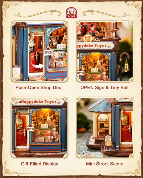 Build Your Own Bear Toy Store Miniature House Kit With 3D Wooden Puzzles And Moving Mechanics, DIY dollhouse display with push-open door and tiny bell