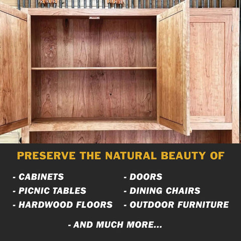 100 Percent Pure Tung Oil Wood Finish Black Straight Up Durable 128 Oz 1 Gallon Jug in a cabinet for preserving wood furniture.