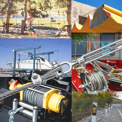 Five Sixteenth Inch Galvanized Steel Cable Kit 10 Ft 7x19 Aircraft Wire Rope With Loops Includes Clamps And Thimbles Built Tough For Zipline Boat Lift And Outdoor Projects, featuring various outdoor applications like ziplines, boat lifts, and fencing shown in a collage.