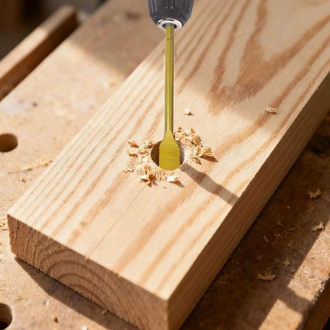 8 Piece Spade Drill Bit Set For Woodworking 3/8 To 1-1/2 Inch Titanium Coated Carbon Steel drilling wood on workbench