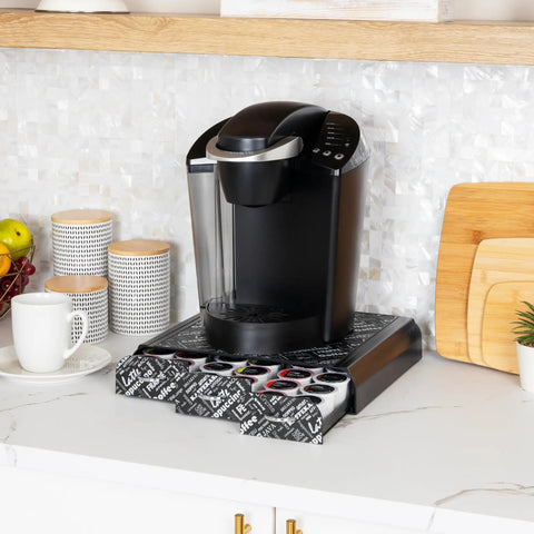 Space Saving 36 Pod Coffee Pod Drawer Black Metal Mesh Under Cabinet Organizer with coffee maker on marble counter
