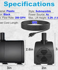 Ultra Quiet Submersible Pump With 200GPH Flow, Built To Last, Overheating Protection And 5.2 Ft Lift, front and side view.