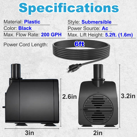 Ultra Quiet Submersible Pump With 200GPH Flow, Built To Last, Overheating Protection And 5.2 Ft Lift, front and side view.
