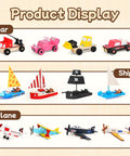 DIY Wooden Build Art Crafts Kit 3 Pack For Kids Ages 4 To 12 Make Your Own Car Boat Plane Movable Wooden Toys STEM Educational Toy Set No Battery Required Creative Hands On Learning For Boys And Girls product display with cars, ships, and planes