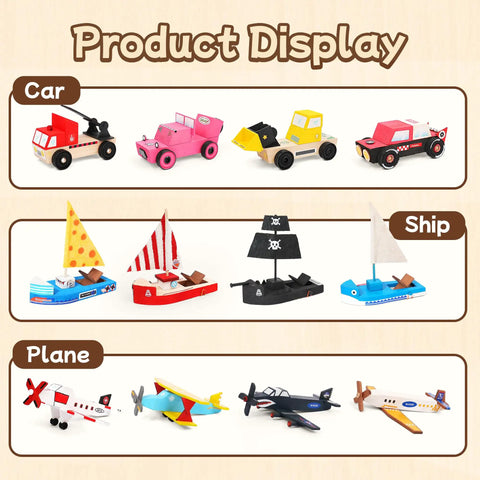 DIY Wooden Build Art Crafts Kit 3 Pack For Kids Ages 4 To 12 Make Your Own Car Boat Plane Movable Wooden Toys STEM Educational Toy Set No Battery Required Creative Hands On Learning For Boys And Girls product display with cars, ships, and planes