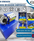 Heavy Duty Electric Hydraulic Hose Crimping Machine Featuring Twelve Crimping And Ten Skiving Dies For High Pressure Tubing One Quarter To Three Inch Sizes 220 Volt Three Phase Works Like A Charm with controls and components highlighted.