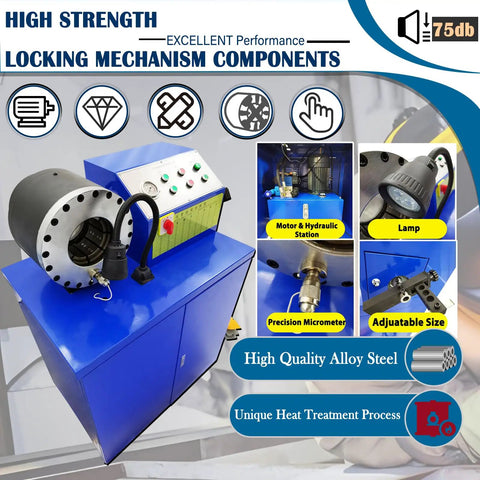 Heavy Duty Electric Hydraulic Hose Crimping Machine Featuring Twelve Crimping And Ten Skiving Dies For High Pressure Tubing One Quarter To Three Inch Sizes 220 Volt Three Phase Works Like A Charm with controls and components highlighted.