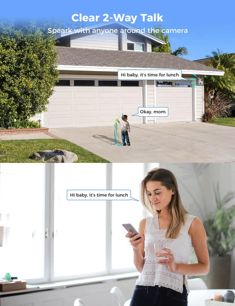 Outdoor Wireless Security Camera System With Dual Lens showcasing clear two-way talk feature between mother and child.