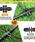 Half Inch Drip Irrigation Fittings Kit with barbed locking nuts and tubing connectors on grass showing anti-leak features.