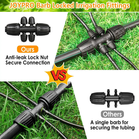 Half Inch Drip Irrigation Fittings Kit with barbed locking nuts and tubing connectors on grass showing anti-leak features.