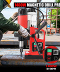 Beefy 1400W Magnetic Drill Press With 6 Drill Bits For Metal 2 Inch Max Hole Diameter Forward And Reverse Self Locking