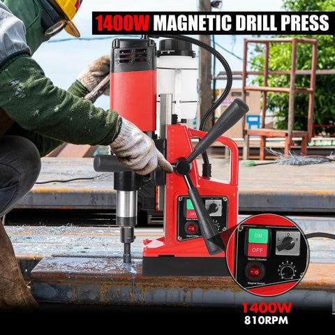 Heavy Duty Magnetic Drill Press With Double Track And 1.6 Inch Boring Diameter powered by a strong motor at 810 RPM during operation.