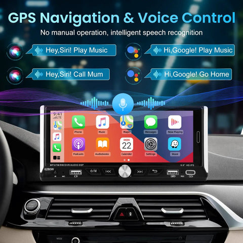 Single Din Car Stereo With Wireless Apple CarPlay And Android Auto 6.9 Inch IPS Touchscreen interface displaying apps and voice control features.