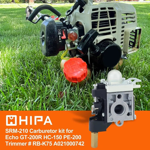 Carburetor For Echo SRM 210 Weedeater Replacement, model RB K75 A021000742, shown with an Echo trimmer on grass