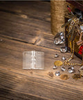 Clear Acrylic Small Folding Hinges 10 Pack For Jewelry Boxes And Display Cabinets, hinge on wooden surface with treasure box