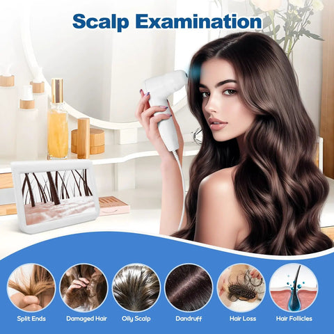 Woman using 10.2 Inch Skin And Hair Analyzer Pro Grade Gear With LCD Screen Digital Skin Detector for scalp analysis in salon setting.
