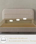Queen Size Cloud Bed Frame In Beige Plush Boucle Upholstery with adjustable headboard and recommended mattress thickness shown.