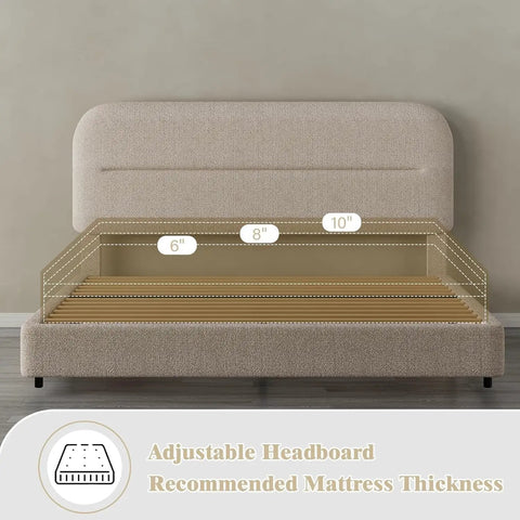 Queen Size Cloud Bed Frame In Beige Plush Boucle Upholstery with adjustable headboard and recommended mattress thickness shown.