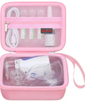 Open pink carrying case for portable handheld inhaler nebulizer machine, compact travel organizer with mesh pockets
