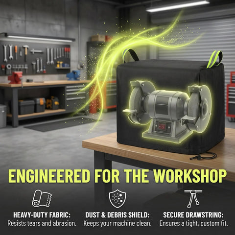 Badass Heavy Duty Bench Grinder Cover Waterproof 600D Polyurethane Dust Protector For 6 To 8 Inch Workbench Motors shown in a workshop.