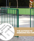 Hidden Door Pivot Hinges Set In Stainless Steel with automatic rebound next to a green metal gate for modern interiors.