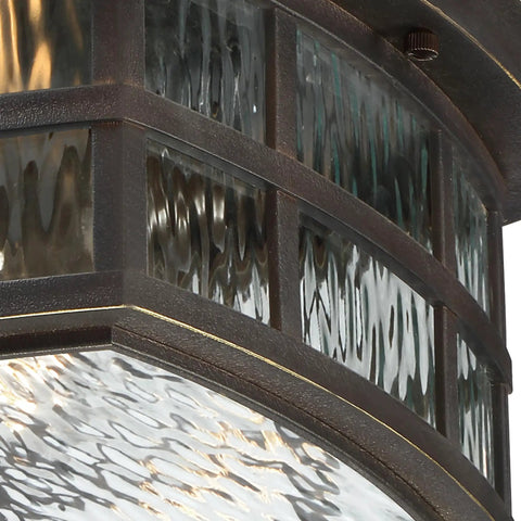 Close-up of Stonington Outdoor Flush Mount Ceiling Light With 12 Inch Two Light Palladian Bronze Finish, showing water glass and frame.