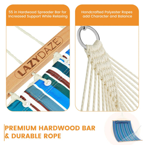 Close-up of 12 Ft Quilted Double Hammock With Spreader Bars And Detachable Pillow, showing hardwood bar and polyester ropes