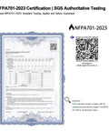 NFPA701-2023 certification document with QR code and verification details, ensuring safety and quality standards.