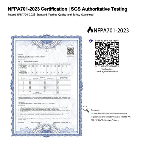 NFPA701-2023 certification document with QR code and verification details, ensuring safety and quality standards.