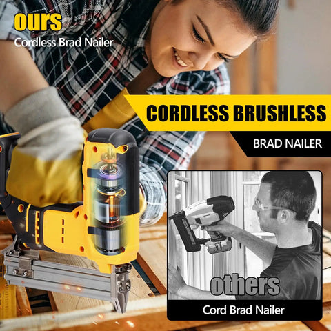 Kick The Driveway Trip And Load Up This Heavy Duty Cordless Brad Nailer Plus Staple Gun With Two Thousand Nails For Fine Woodwork And Weekend Warrior Projects Featuring Rock Solid Safety Switch, showing cordless brad nailer in use.