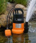 Grab And Go Submersible Utility Pump With Automatic Float Switch No Sweat Water Extractor For Garden Ponds And Pool Draining Plus Basement Flood Cleanup One Half HP 1320 GPH Handles Dirty Or Clean Water Smoothly Uses 20 Foot Cord in use in water.