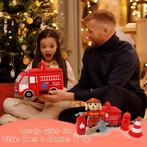 Father and daughter with Plush Firefighter Playset For Babies And Toddlers A 6 Piece Sensory Pretend Play Kit With Fire Truck Dalmatian
