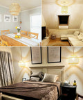 Rattan Plug In Pendant Light With Dimmable Cord Handwoven Boho Bamboo Wicker Basket Shade Ceiling Hanging Lamp in living room, bedroom, and kitchen.