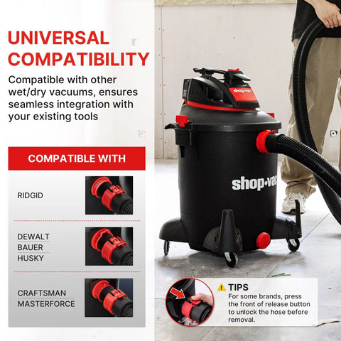 Eight Foot Universal Vacuum Hose For Wet Dry Vacuums With Two And A Half Inch Inlet Compatible With Rigid Dewalt Husky Craftsman Bauer Masterforce Vacuums Includes Dual Function Adapter For Extra Length connected to shop-vac