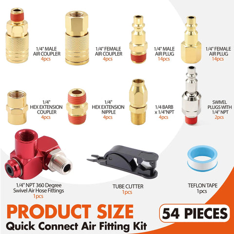 Complete 54 Piece One Quarter Inch NPT Air Hose Fittings Kit With Copper Plated Quick Connects And 360 Degree Swivel Adapters Plugs Male And Female Couplers Straight Fittings Adapters And Tube Cutter For Air Compressors And Auto Repair, 54-piece set
