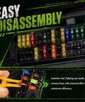 Heavy Duty Auto Blade Fuse Assortment Kit With Reliable Voltage Tester And Slip Proof Removal Pliers Covers Every Essential Amp Rating To Keep Your Whip Electrical System Solid From City Streets To Rural Highways showing assorted fuses and orange removal tool.