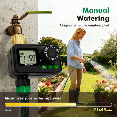 Woman using Sprinkler Timer for Outdoor Hose Faucet with Brass Inlet and Large Dial, easy programming up to 11 hours 59 minutes.