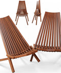 2 Pack Folding Acacia Wood Chair Set For Patio And Outdoors, Low Profile Lounge Seats With Chestnut Finish, shown folded and unfolded