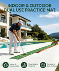Person using Indoor Putting Green With 3 Level Adjustable Incline For Uphill Putts Auto Ball Return Foldable Solid Wood Base Easy Home Office Backyard Practice Mat For Realistic Roll Pro Grade Feel Quick Setup And Fun Golf Training on patio.