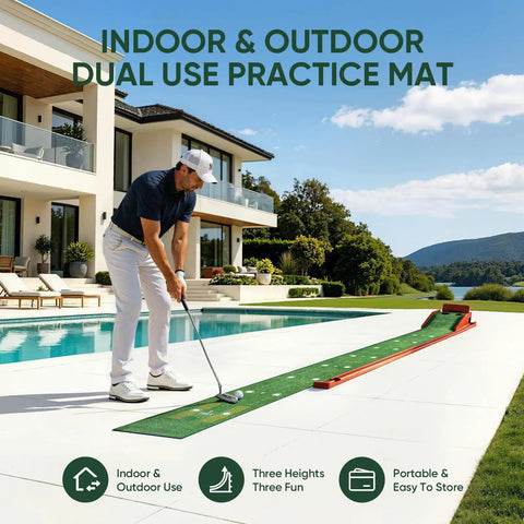 Person using Indoor Putting Green With 3 Level Adjustable Incline For Uphill Putts Auto Ball Return Foldable Solid Wood Base Easy Home Office Backyard Practice Mat For Realistic Roll Pro Grade Feel Quick Setup And Fun Golf Training on patio.
