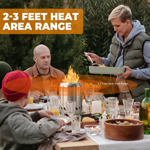Family dining outdoors with smokeless tabletop fire pit with portable pellet stove on table providing cozy vibes for backyard nights