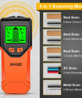 Wall Stud Finder in firework color showing scanning modes for wood and metal detection.