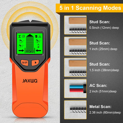 Wall Stud Finder in firework color showing scanning modes for wood and metal detection.