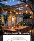 50Ft LED Outdoor String Lights with 52 Dimmable Shatterproof G40 Plastic Bulbs illuminating backyard dining area
